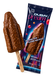 Морозиво «DUBAI DREAM ФІСТАШКА – ВИБУХОВА КАРАМЕЛЬ»  у кондитерській глазурі зі злаковим кранчем